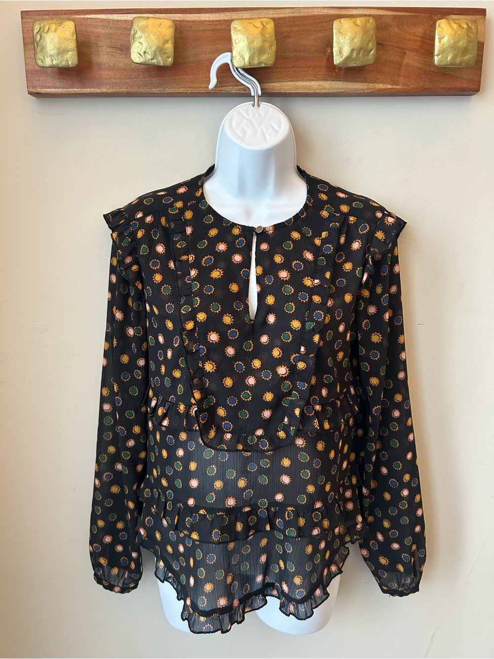 Scotch & Soda Sun Print Ruffle Blouse XS | Boho Chic Celestial Cottagecore Sheer